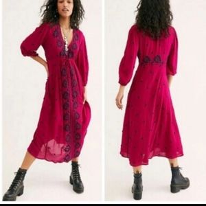 Free People Embroidered Fable Midi Dress Size XS
